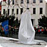 The monument to Jan Palach before the unveiling ceremony; the building in the background is the grammar school. 19 January 2009 (Photo: Petr Blažek)